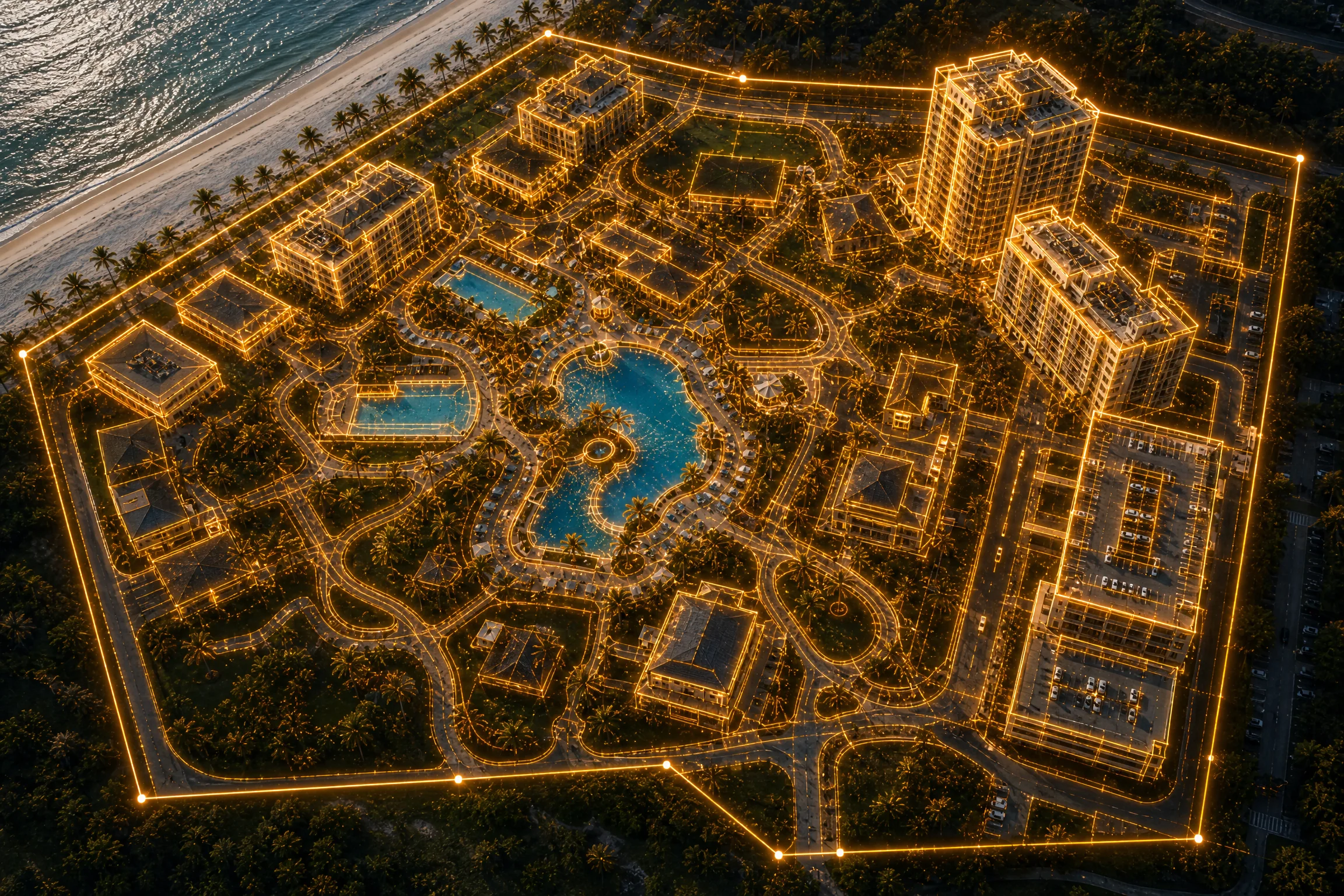 Aerial view of resort and property complex